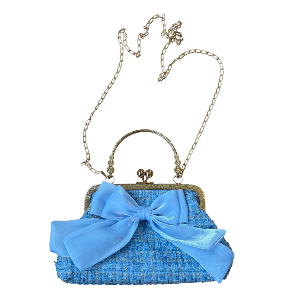Blue Tweed Purse w/ Bow Gold Handle Chain Crossbody Bag Preppy Retro 60s Classic - Picture 2 of 8